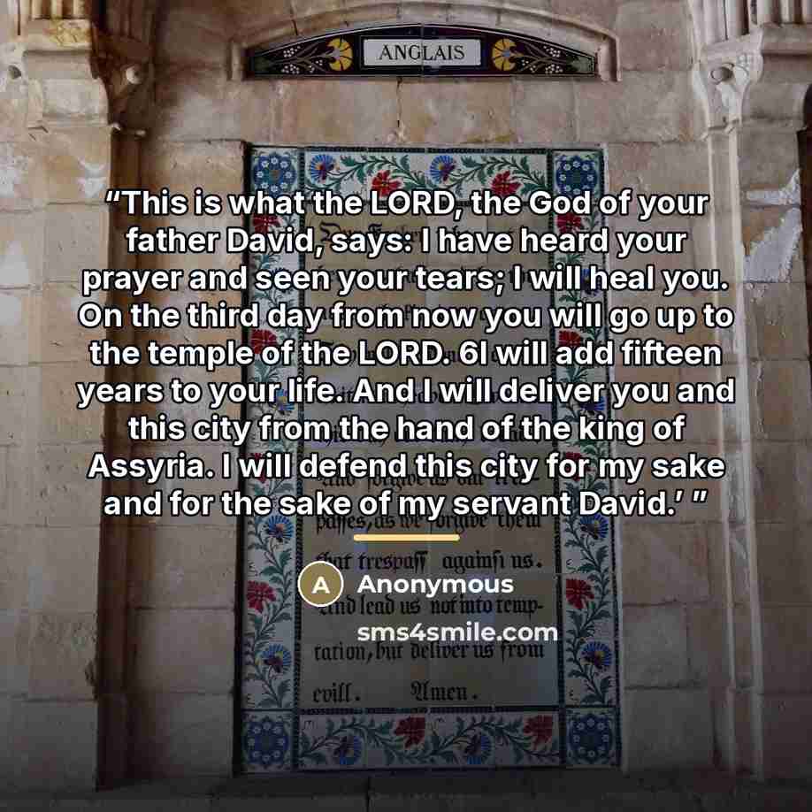 “This is what the LORD, the God of your father David, says: I have heard your prayer and seen your tears; I will heal you. On the third day from now you will go up to the temple of the LORD. 6I will add fifteen years to your life. And I will deliver you and this city from the hand of the king of…” quote by Anonymous