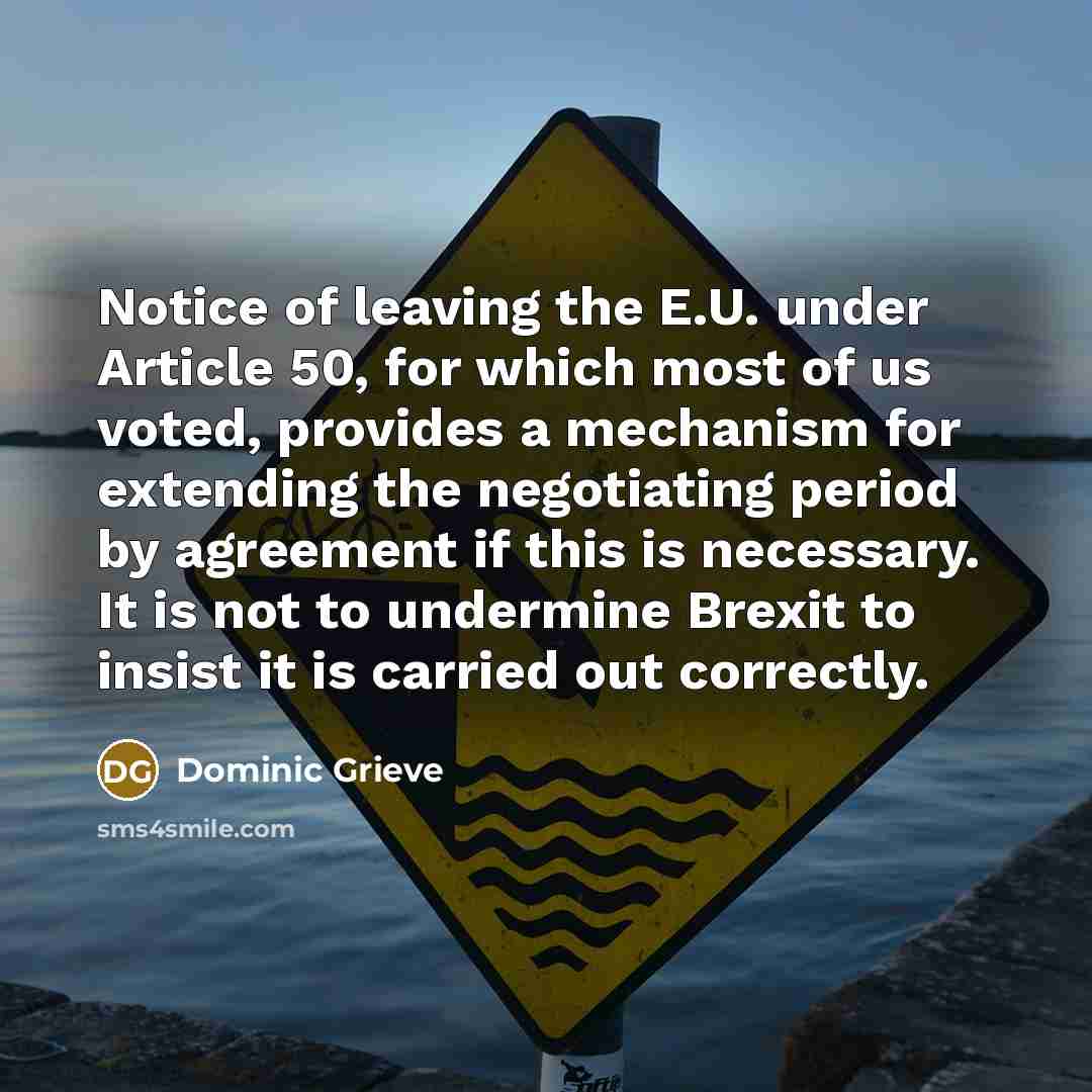 “Notice of leaving the E.U. under Article 50, for which most of us voted, provides a mechanism for extending the negotiating period by agreement if this is necessary. It is not to undermine Brexit to insist it is carried out correctly.” quote by Dominic Grieve