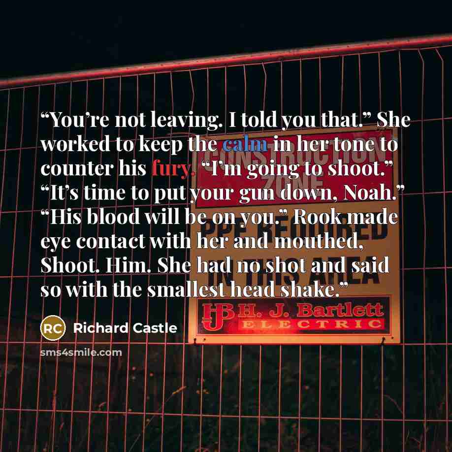 “You’re not leaving. I told you that.” She worked to keep the calm in her tone to counter his fury. “I’m going to shoot.” “It’s time to put your gun down, Noah.” “His blood will be on you.” Rook made eye contact with her and mouthed, Shoot. Him. She had no shot and said so with the smallest head…” quote by Richard Castle
