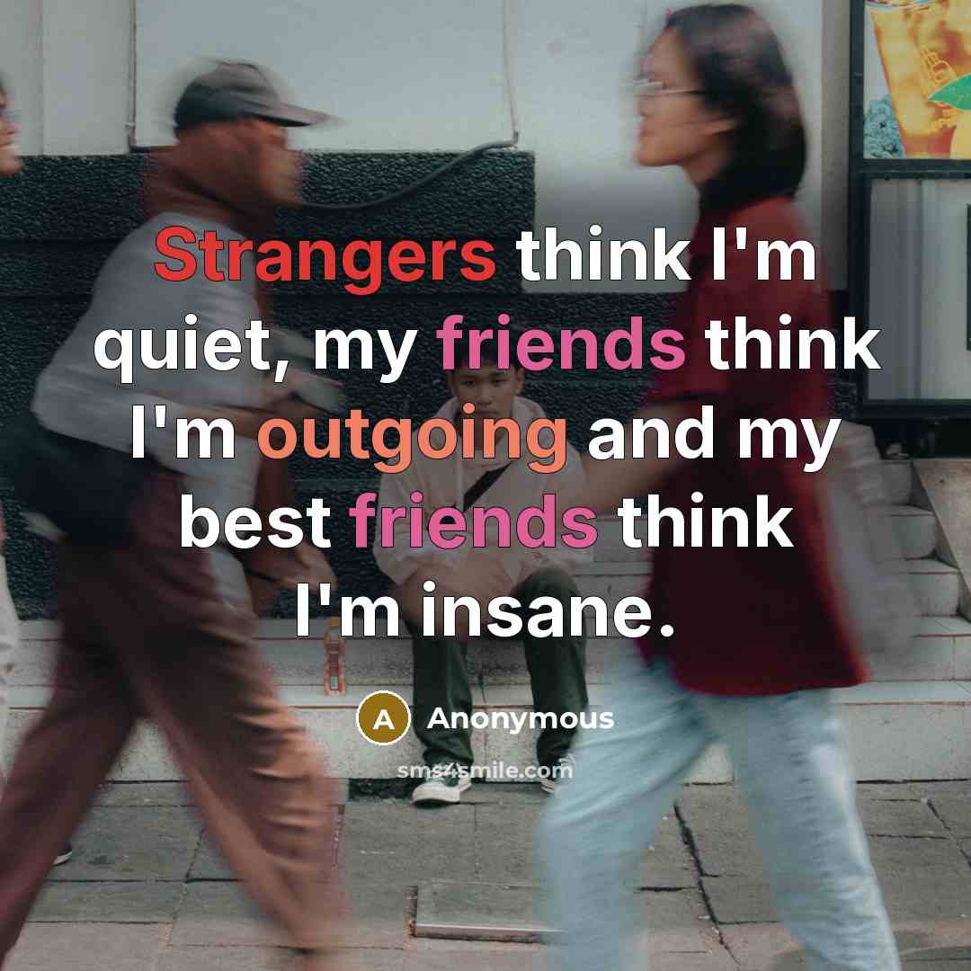 “Strangers think I'm quiet, my friends think I'm outgoing and my best friends think I'm insane.” quote by Anonymous