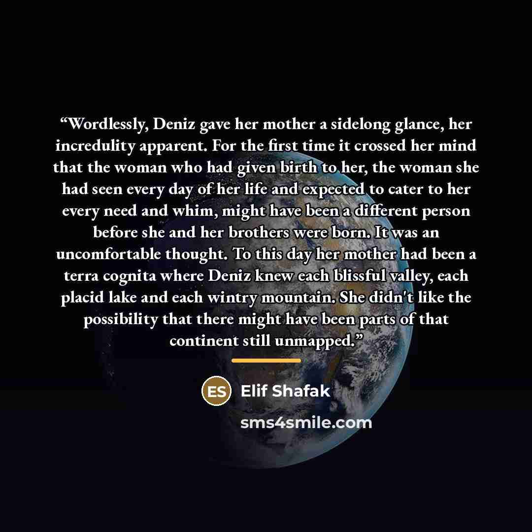 “Wordlessly, Deniz gave her mother a sidelong glance, her incredulity apparent. For the first time it crossed her mind that the woman who had given birth to her, the woman she had seen every day of her life and expected to cater to her every need and whim, might have been a different person before…” quote by Elif Shafak