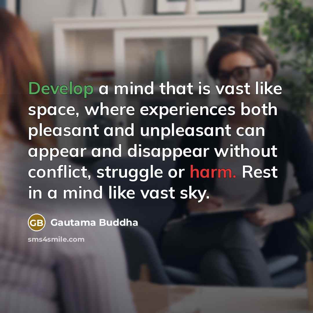 “Develop a mind that is vast like space, where experiences both pleasant and unpleasant can appear and disappear without conflict, struggle or harm. Rest in a mind like vast sky.” quote by Gautama Buddha