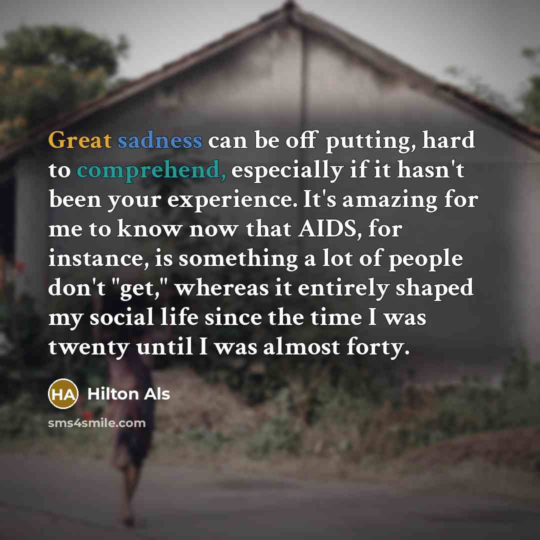 “Great sadness can be off putting, hard to comprehend, especially if it hasn't been your experience. It's amazing for me to know now that AIDS, for instance, is something a lot of people don't "get," whereas it entirely shaped my social life since the time I was twenty until I was almost forty.” quote by Hilton Als