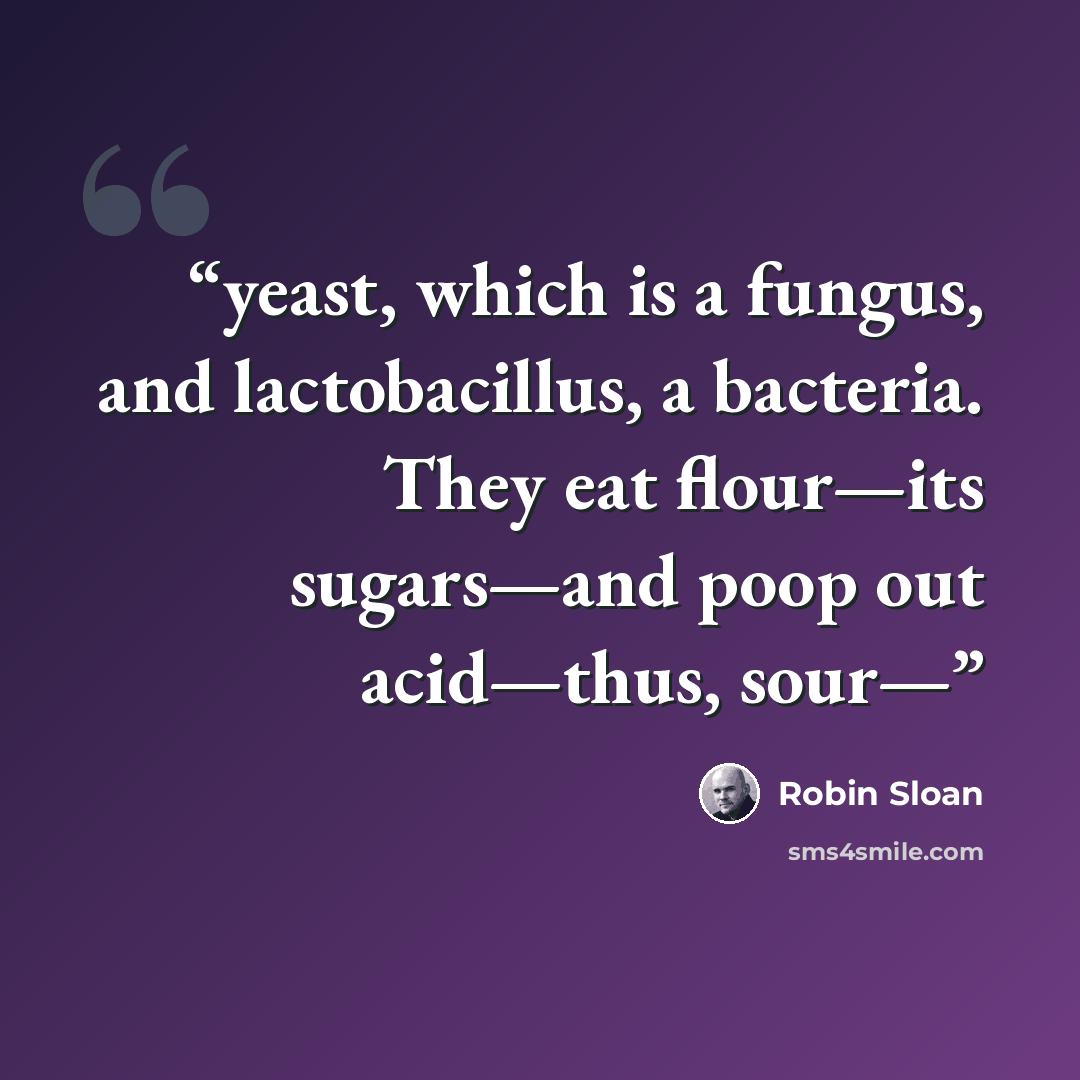 “yeast, which is a fungus, and lactobacillus, a bacteria. They eat flour—its sugars—and poop out acid—thus, sour—” quote by Robin Sloan