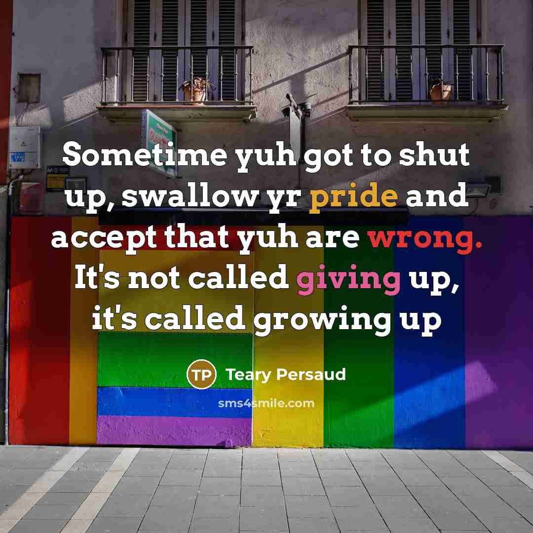“Sometime yuh got to shut up, swallow yr pride and accept that yuh are wrong. It's not called giving up, it's called growing up” quote by Teary Persaud