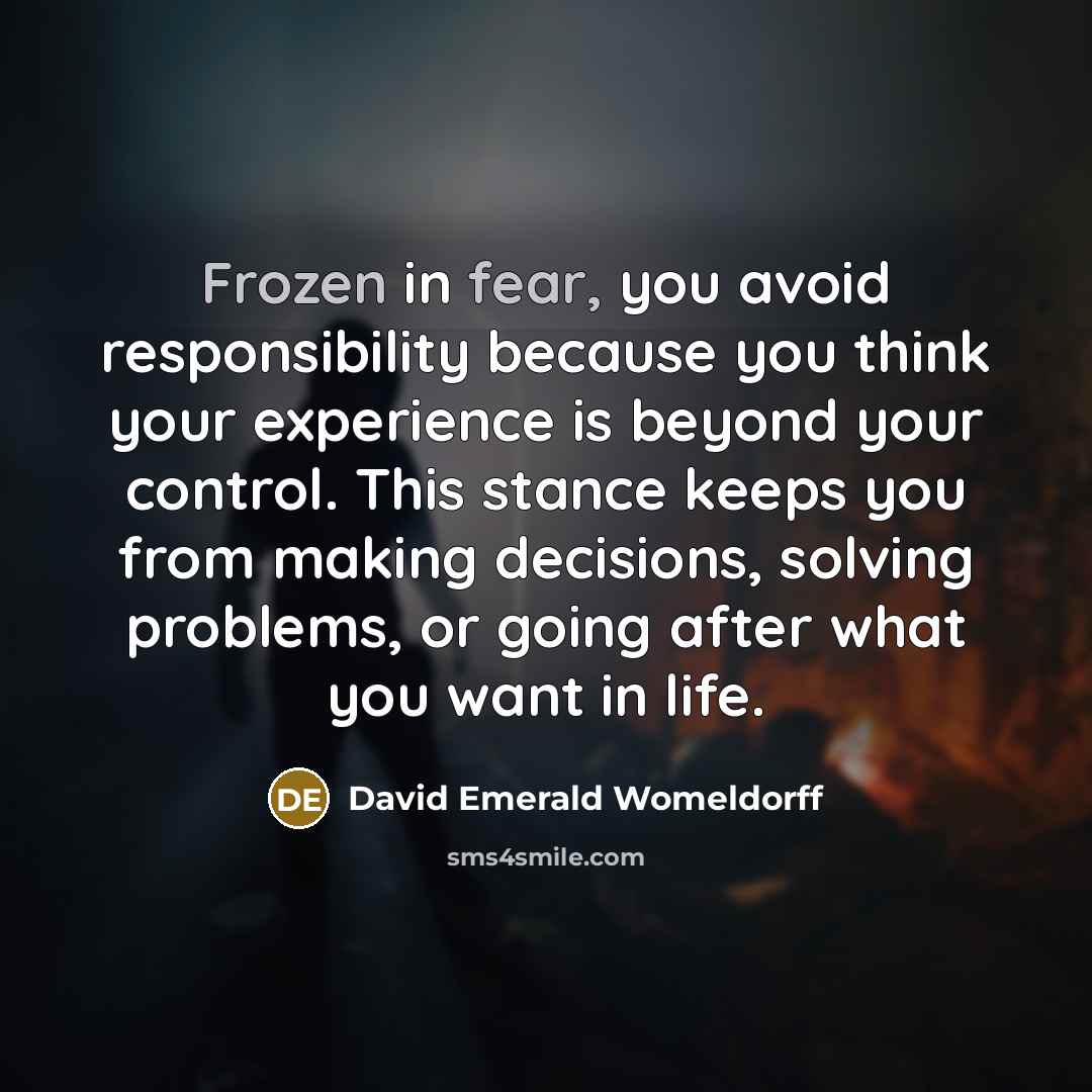 “Frozen in fear, you avoid responsibility because you think your experience is beyond your control. This stance keeps you from making decisions, solving problems, or going after what you want in life.” quote by David Emerald Womeldorff
