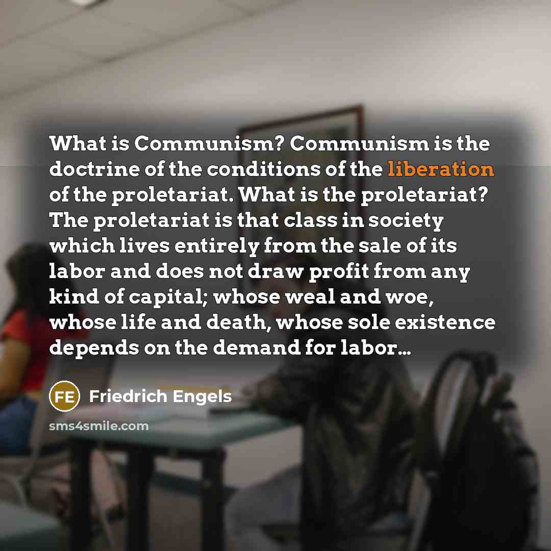 “What is Communism? Communism is the doctrine of the conditions of the liberation of the proletariat. What is the proletariat? The proletariat is that class in society which lives entirely from the sale of its labor and does not draw profit from any kind of capital; whose weal and woe, whose life…” quote by Friedrich Engels