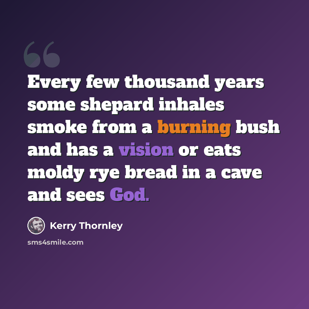 “Every few thousand years some shepard inhales smoke from a burning bush and has a vision or eats moldy rye bread in a cave and sees God.” quote by Kerry Thornley
