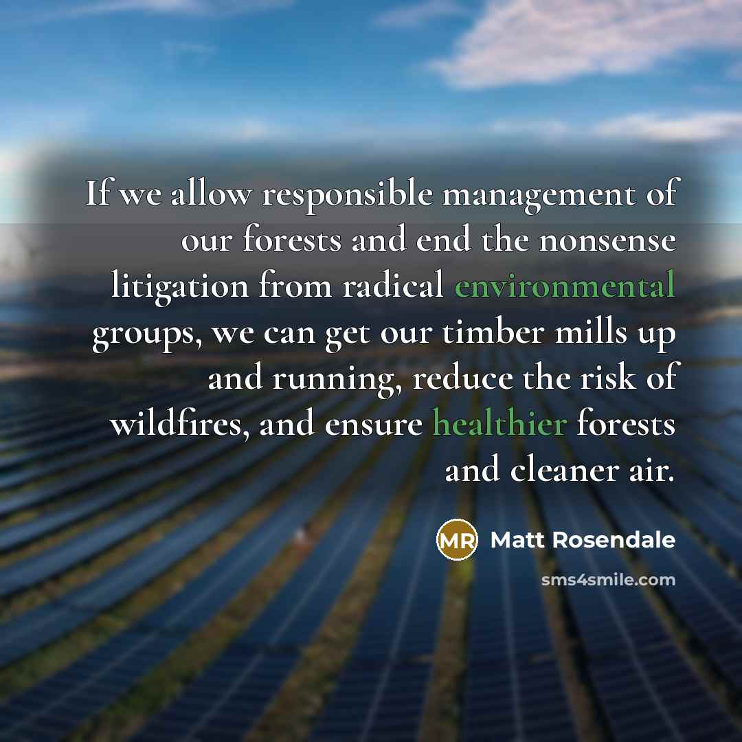 “If we allow responsible management of our forests and end the nonsense litigation from radical environmental groups, we can get our timber mills up and running, reduce the risk of wildfires, and ensure healthier forests and cleaner air.” quote by Matt Rosendale
