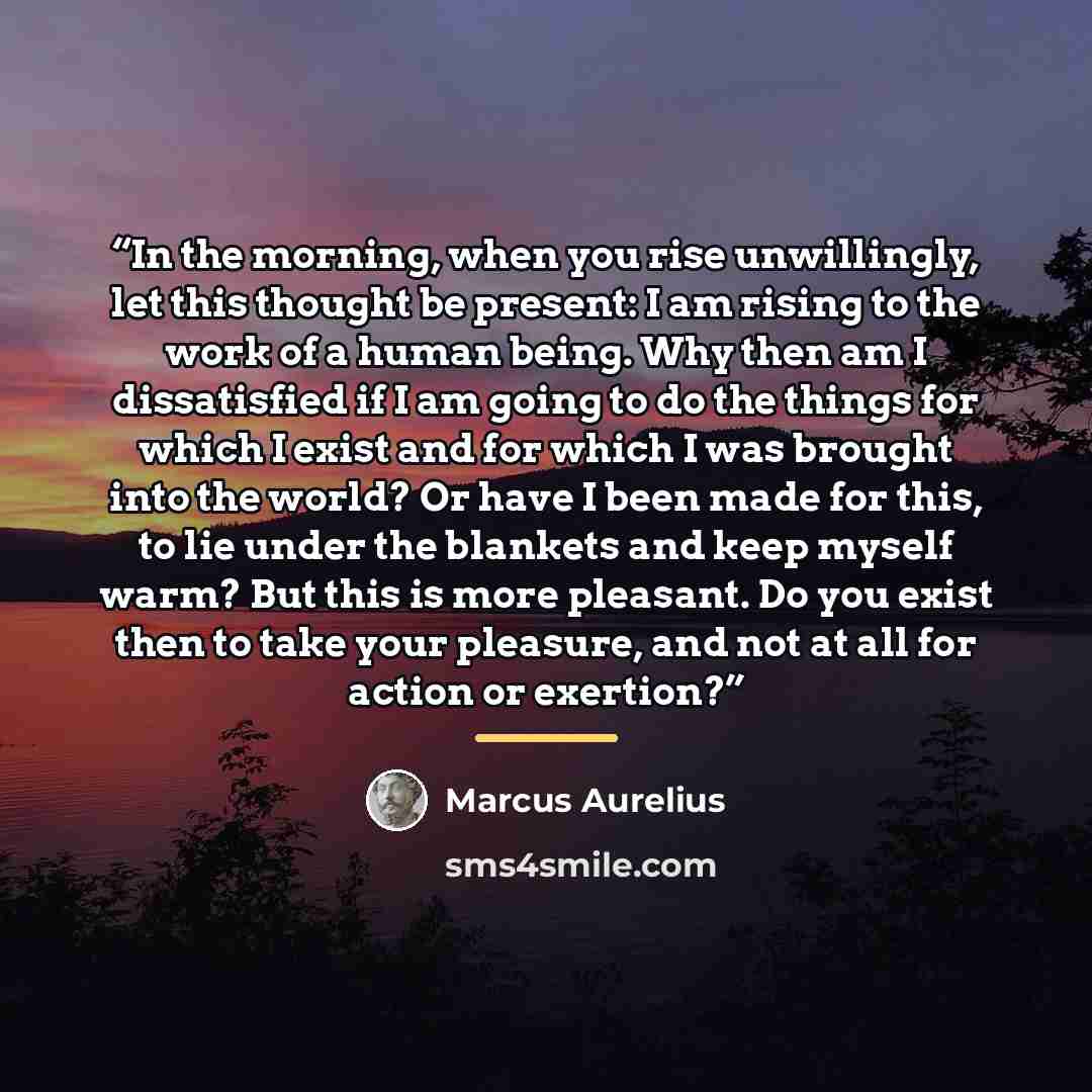 “In the morning, when you rise unwillingly, let this thought be present: I am rising to the work of a human being. Why then am I dissatisfied if I am going to do the things for which I exist and for which I was brought into the world? Or have I been made for this, to lie under the blankets and keep…” quote by Marcus Aurelius