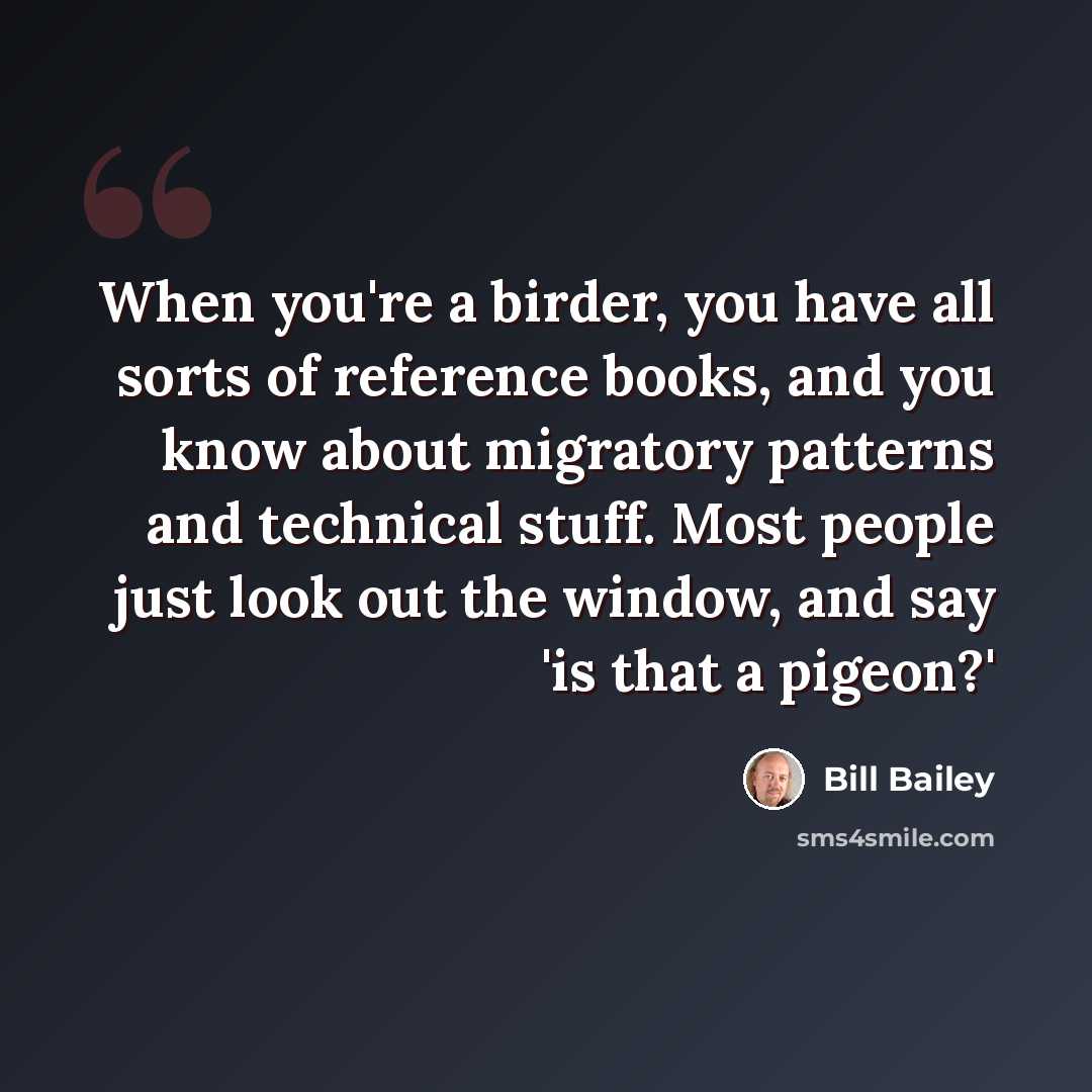 “When you're a birder, you have all sorts of reference books, and you know about migratory patterns and technical stuff. Most people just look out the window, and say 'is that a pigeon?'” quote by Bill Bailey