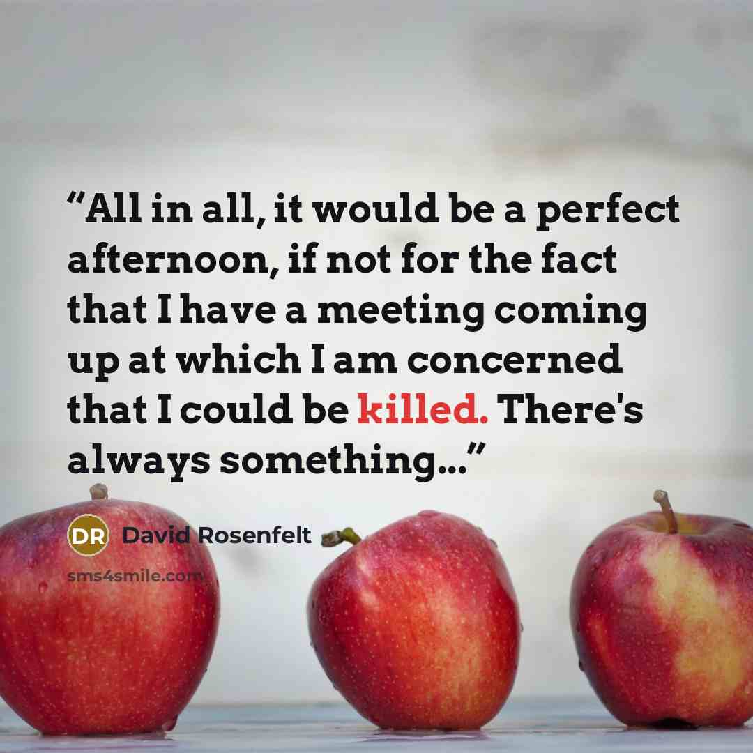“All in all, it would be a perfect afternoon, if not for the fact that I have a meeting coming up at which I am concerned that I could be killed. There's always something...” quote by David Rosenfelt
