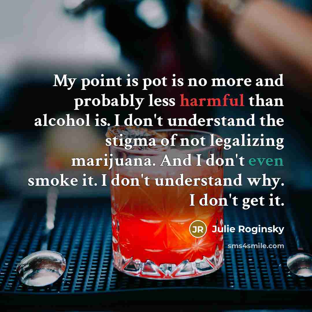 “My point is pot is no more and probably less harmful than alcohol is. I don't understand the stigma of not legalizing marijuana. And I don't even smoke it. I don't understand why. I don't get it.” quote by Julie Roginsky