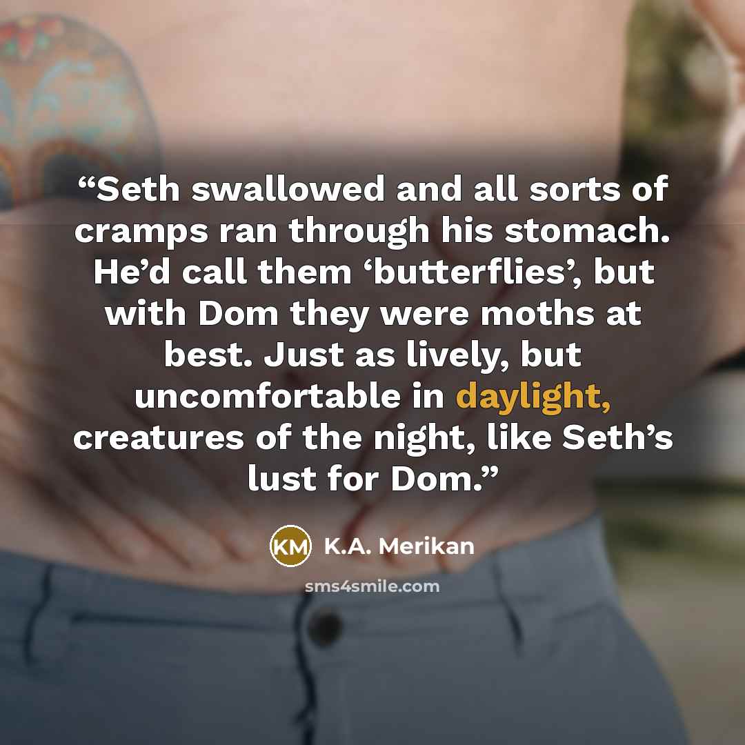 “Seth swallowed and all sorts of cramps ran through his stomach. He’d call them ‘butterflies’, but with Dom they were moths at best. Just as lively, but uncomfortable in daylight, creatures of the night, like Seth’s lust for Dom.” quote by K.A. Merikan