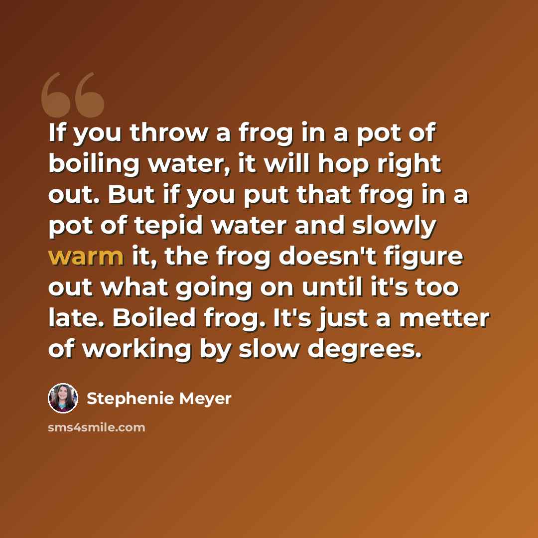 “If you throw a frog in a pot of boiling water, it will hop right out. But if you put that frog in a pot of tepid water and slowly warm it, the frog doesn't figure out what going on until it's too late. Boiled frog. It's just a metter of working by slow degrees.” quote by Stephenie Meyer