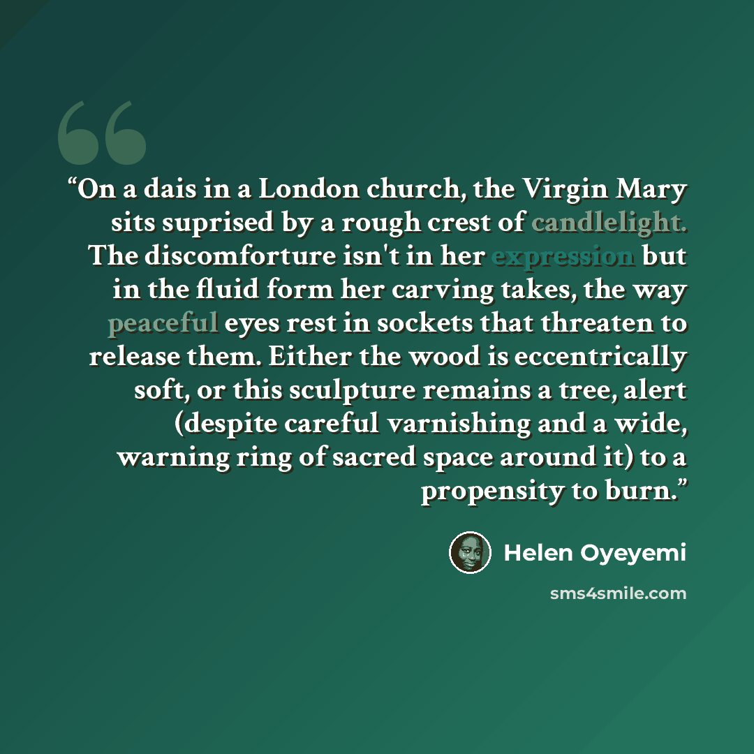“On a dais in a London church, the Virgin Mary sits suprised by a rough crest of candlelight. The discomforture isn't in her expression but in the fluid form her carving takes, the way peaceful eyes rest in sockets that threaten to release them. Either the wood is eccentrically soft, or this…” quote by Helen Oyeyemi
