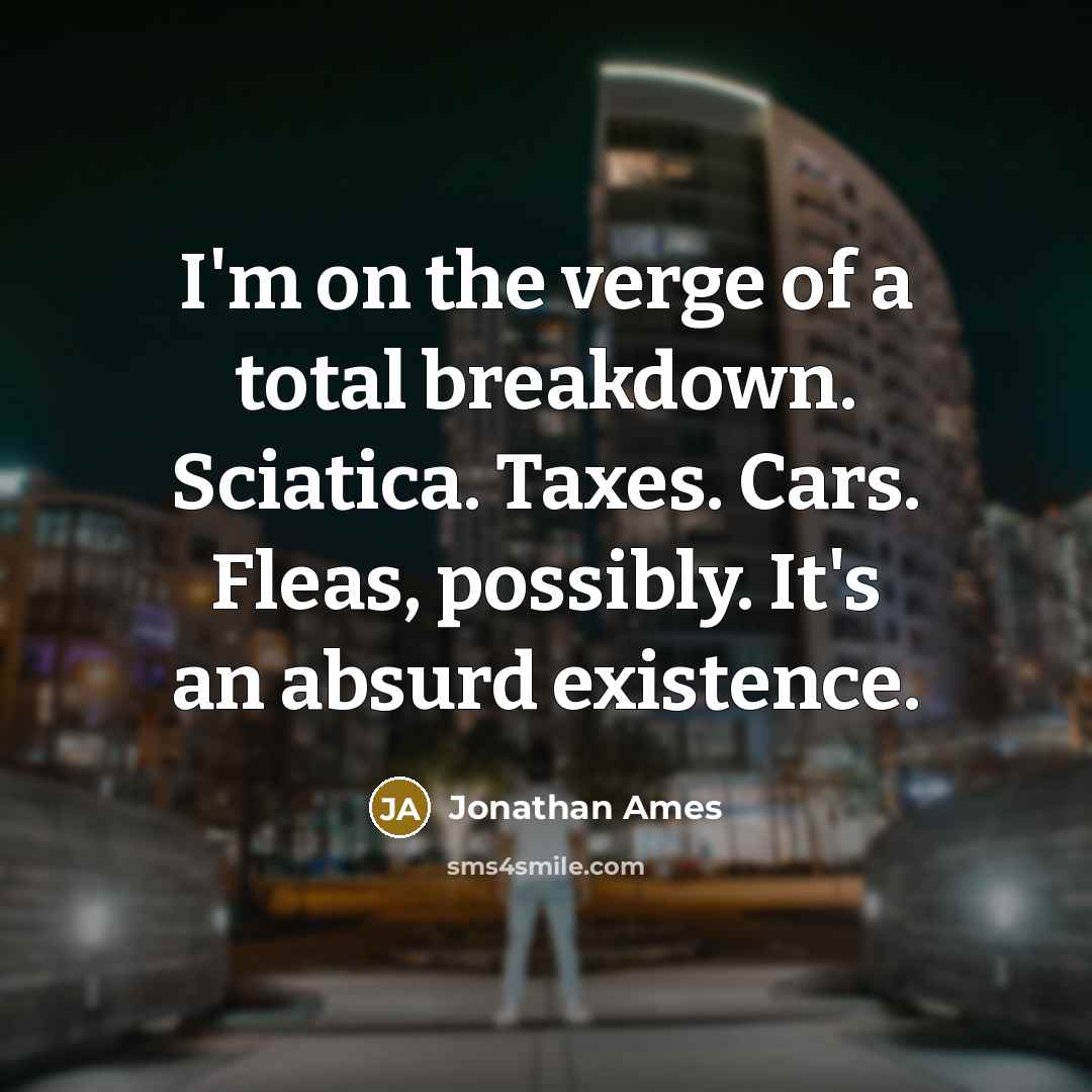 “I'm on the verge of a total breakdown. Sciatica. Taxes. Cars. Fleas, possibly. It's an absurd existence.” quote by Jonathan Ames