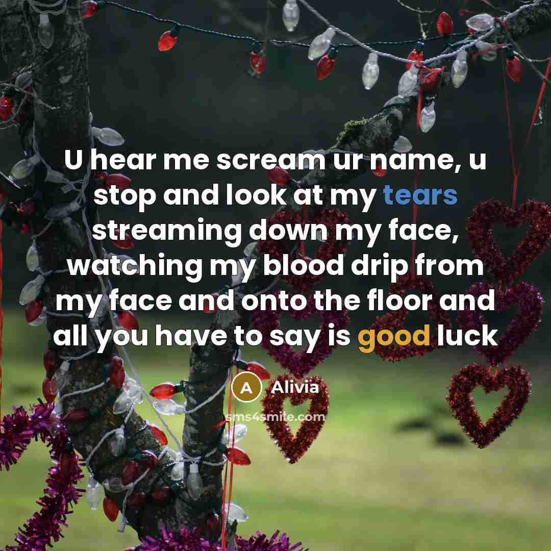 “U hear me scream ur name, u stop and look at my tears streaming down my face, watching my blood drip from my face and onto the floor and all you have to say is good luck” quote by Alivia