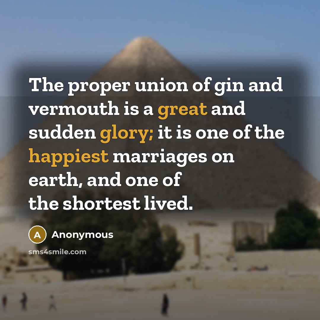 “The proper union of gin and vermouth is a great and sudden glory; it is one of the happiest marriages on earth, and one of the shortest lived.” quote by Anonymous