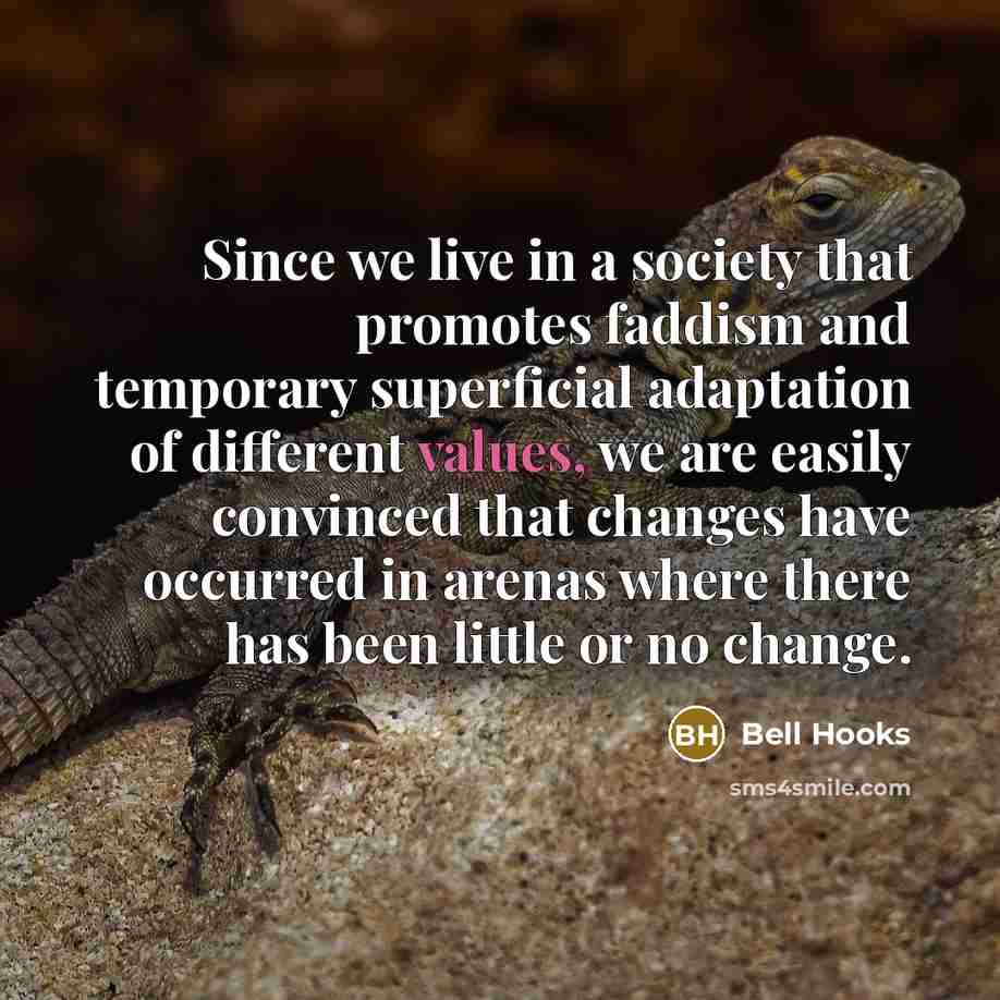 “Since we live in a society that promotes faddism and temporary superficial adaptation of different values, we are easily convinced that changes have occurred in arenas where there has been little or no change.” quote by Bell Hooks