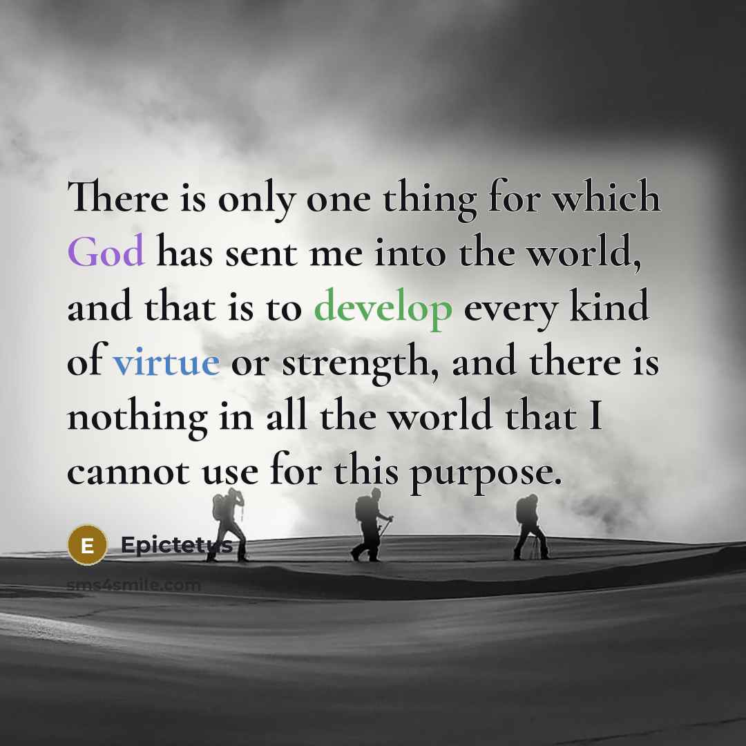 “There is only one thing for which God has sent me into the world, and that is to develop every kind of virtue or strength, and there is nothing in all the world that I cannot use for this purpose.” quote by Epictetus