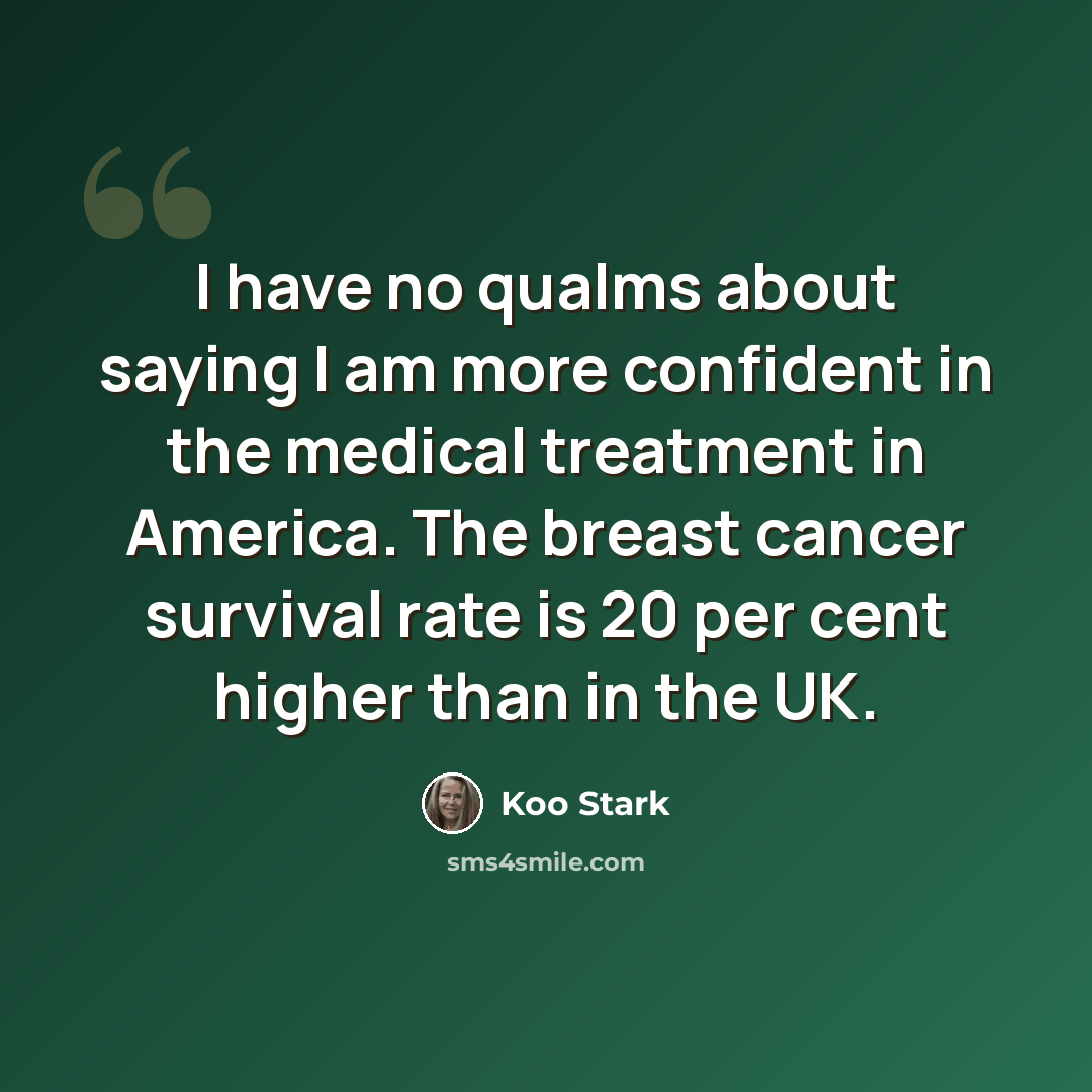 “I have no qualms about saying I am more confident in the medical treatment in America. The breast cancer survival rate is 20 per cent higher than in the UK.” quote by Koo Stark