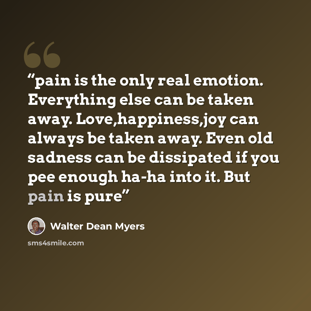 “pain is the only real emotion. Everything else can be taken away. Love,happiness,joy can always be taken away. Even old sadness can be dissipated if you pee enough ha-ha into it. But pain is pure” quote by Walter Dean Myers