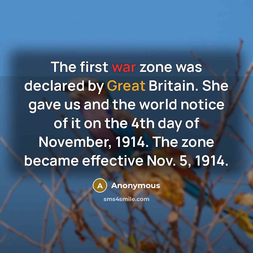 “The first war zone was declared by Great Britain. She gave us and the world notice of it on the 4th day of November, 1914. The zone became effective Nov. 5, 1914.” quote by Anonymous