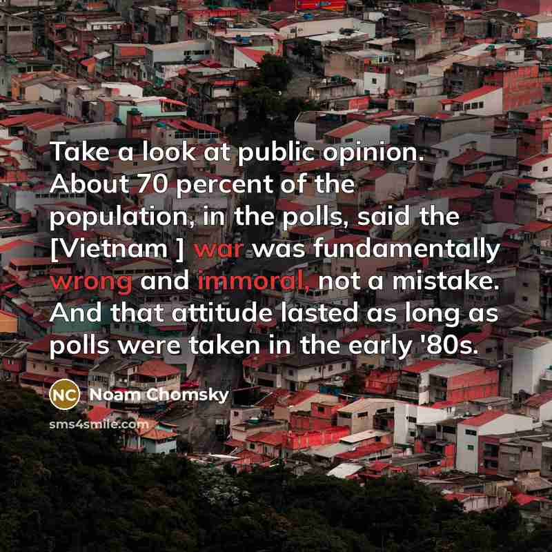 “Take a look at public opinion. About 70 percent of the population, in the polls, said the [Vietnam ] war was fundamentally wrong and immoral, not a mistake. And that attitude lasted as long as polls were taken in the early '80s.” quote by Noam Chomsky