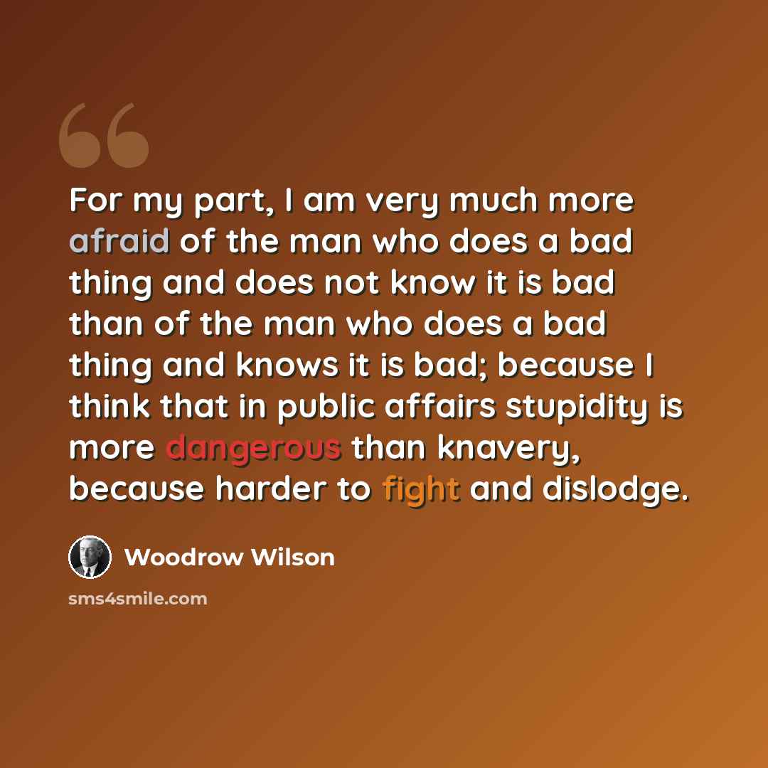 “For my part, I am very much more afraid of the man who does a bad thing and does not know it is bad than of the man who does a bad thing and knows it is bad; because I think that in public affairs stupidity is more dangerous than knavery, because harder to fight and dislodge.” quote by Woodrow Wilson