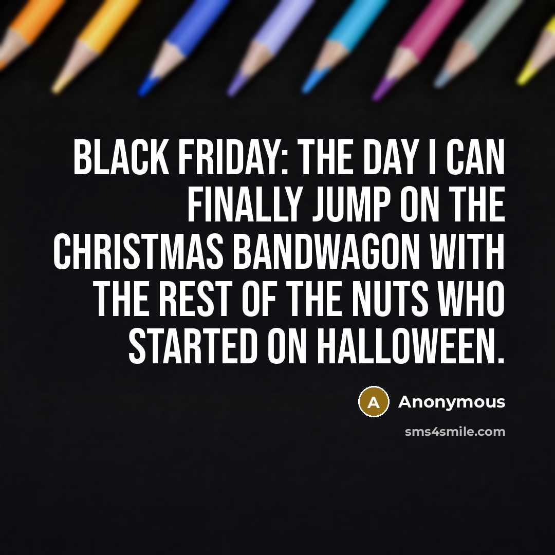 “Black Friday: The day I can finally jump on the Christmas Bandwagon with the rest of the nuts who started on Halloween.” quote by Anonymous