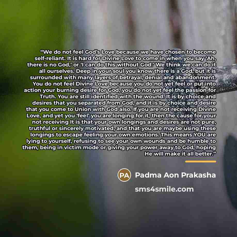 “We do not feel God’s Love because we have chosen to become self-reliant. It is hard for Divine Love to come in when you say ‘Ah, there is no God,’ or ‘I can do this without God.’ We think we can do it all ourselves. Deep in your soul you know there is a God, but it is surrounded with many layers…” quote by Padma Aon Prakasha