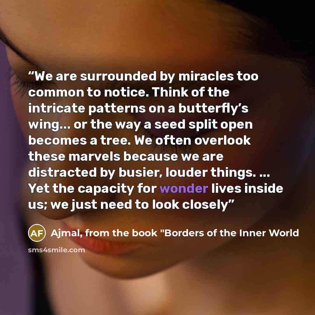 “We are surrounded by miracles too common to notice. Think of the intricate patterns on a butterfly’s wing... or the way a seed split open becomes a tree. We often overlook these marvels because we are distracted by busier, louder things. ... Yet the capacity for wonder lives inside us; we just…” quote by Ajmal, from the book "Borders of the Inner World