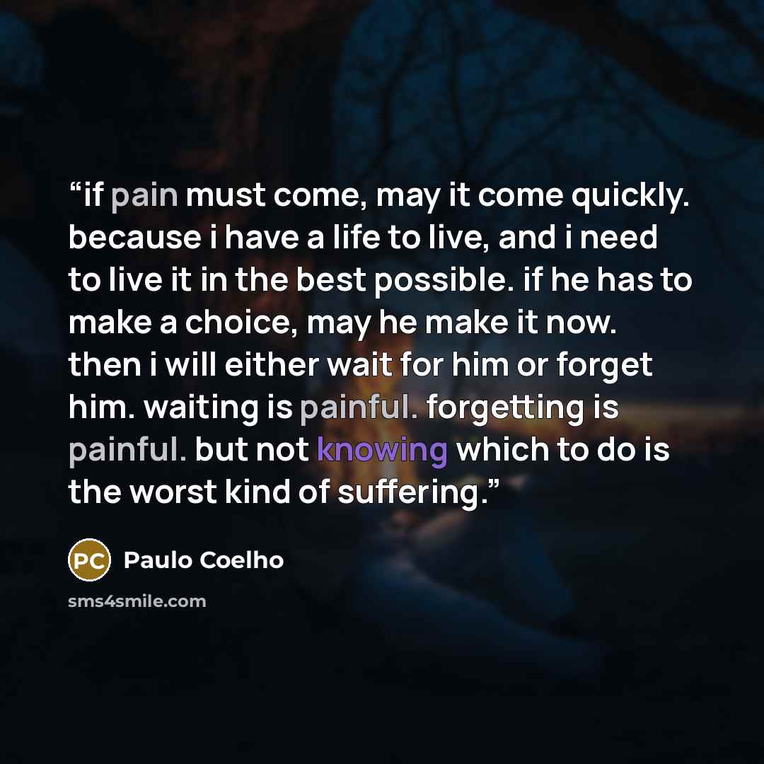 “if pain must come, may it come quickly. because i have a life to live, and i need to live it in the best possible. if he has to make a choice, may he make it now. then i will either wait for him or forget him. waiting is painful. forgetting is painful. but not knowing which to do is the worst kind…” quote by Paulo Coelho