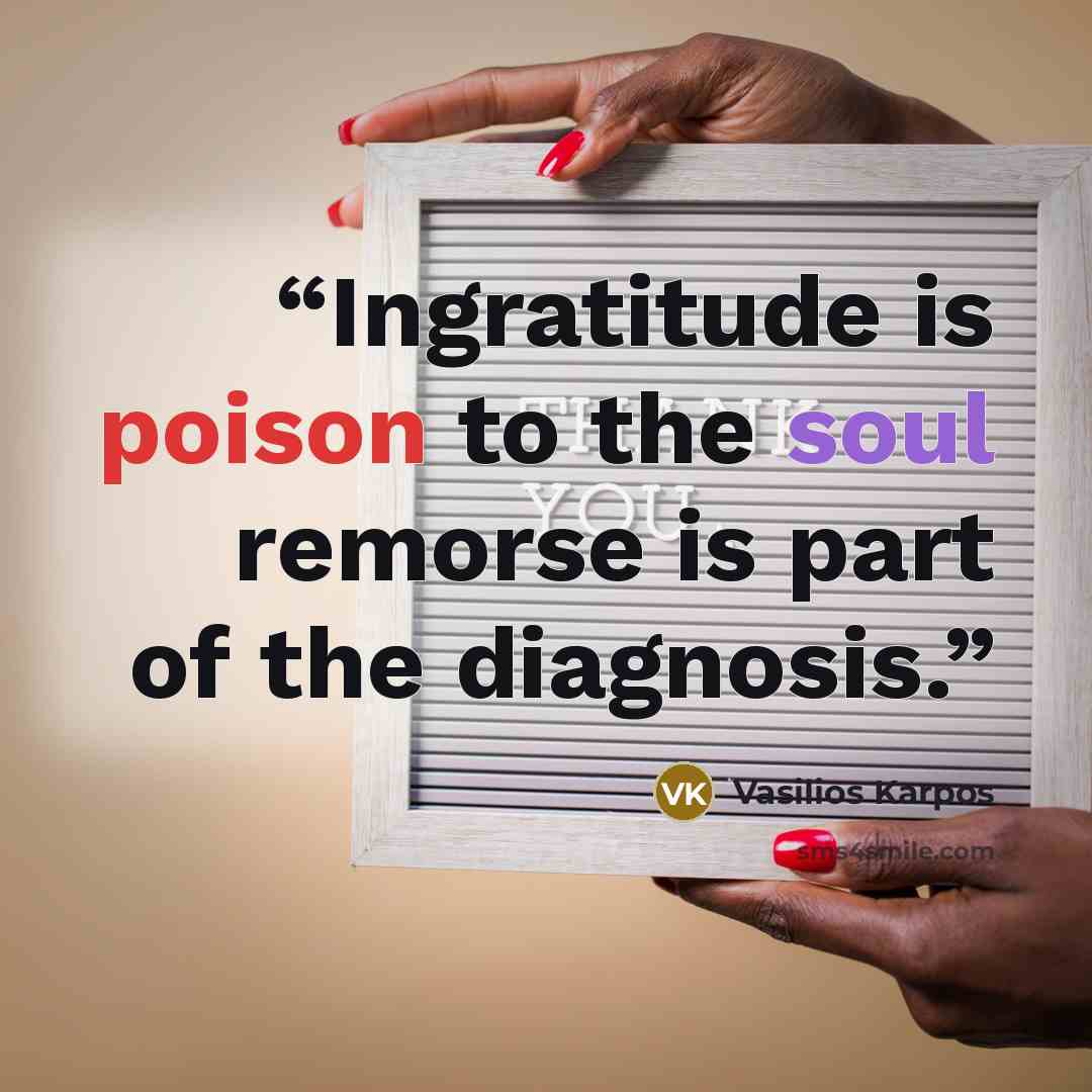“Ingratitude is poison to the soul remorse is part of the diagnosis.” quote by Vasilios Karpos