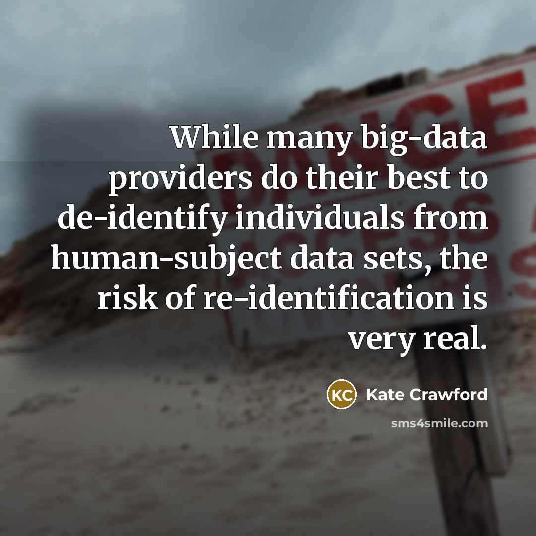 “While many big-data providers do their best to de-identify individuals from human-subject data sets, the risk of re-identification is very real.” quote by Kate Crawford