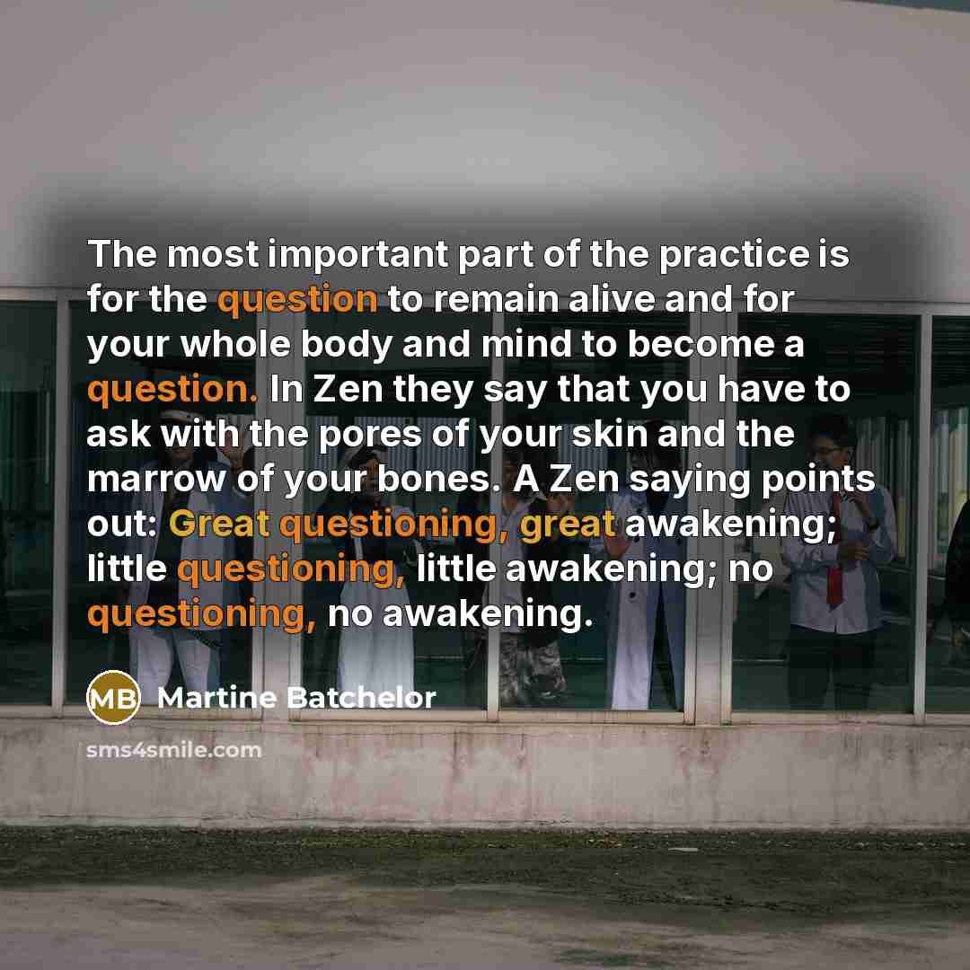 “The most important part of the practice is for the question to remain alive and for your whole body and mind to become a question. In Zen they say that you have to ask with the pores of your skin and the marrow of your bones. A Zen saying points out: Great questioning, great awakening; little…” quote by Martine Batchelor