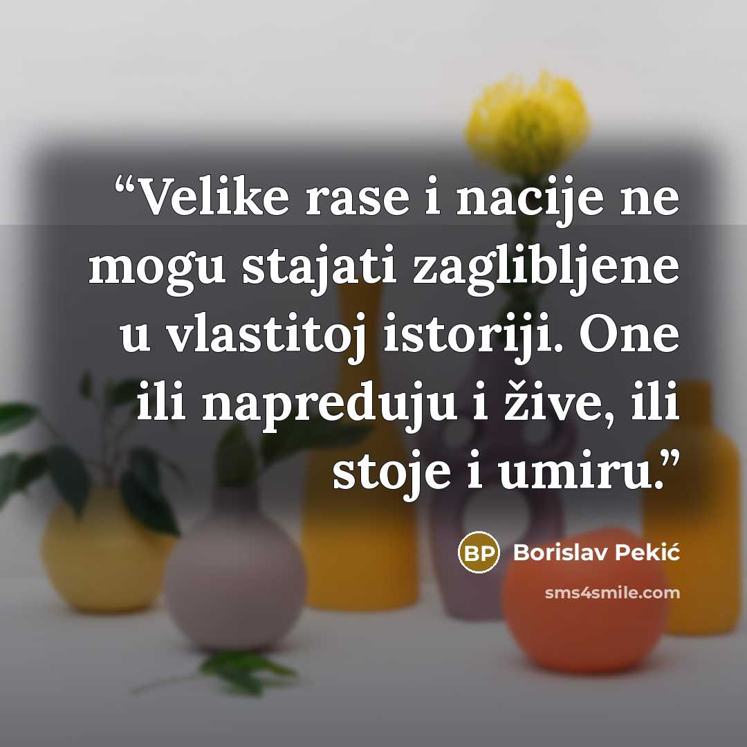 “Velike rase i nacije ne mogu stajati zaglibljene u vlastitoj istoriji. One ili napreduju i žive, ili stoje i umiru.” quote by Borislav Pekić
