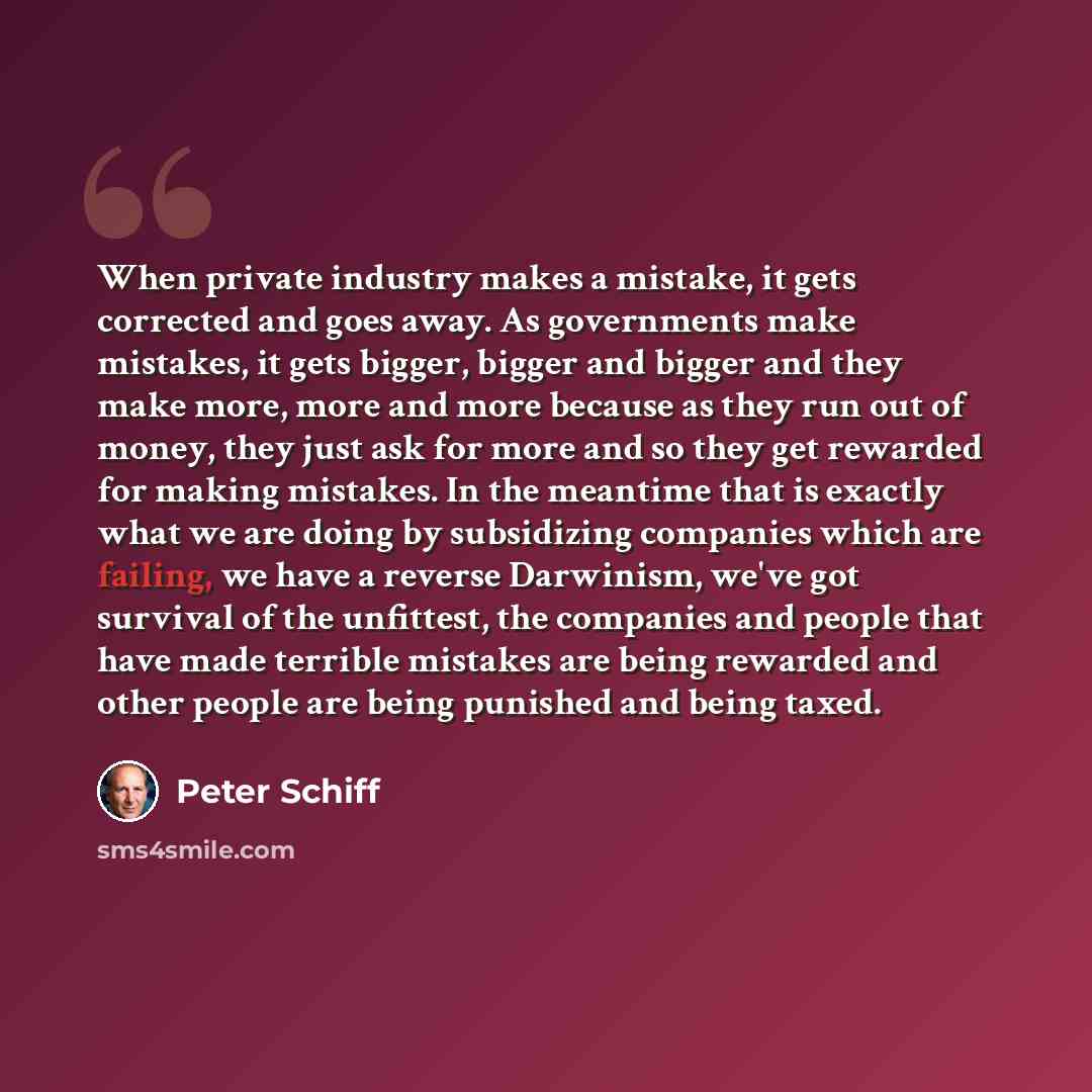“When private industry makes a mistake, it gets corrected and goes away. As governments make mistakes, it gets bigger, bigger and bigger and they make more, more and more because as they run out of money, they just ask for more and so they get rewarded for making mistakes. In the meantime that is…” quote by Peter Schiff