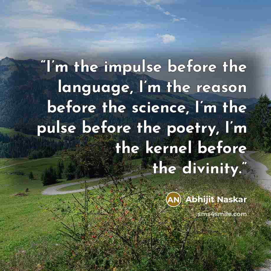 “I’m the impulse before the language, I’m the reason before the science, I’m the pulse before the poetry, I’m the kernel before the divinity.” quote by Abhijit Naskar