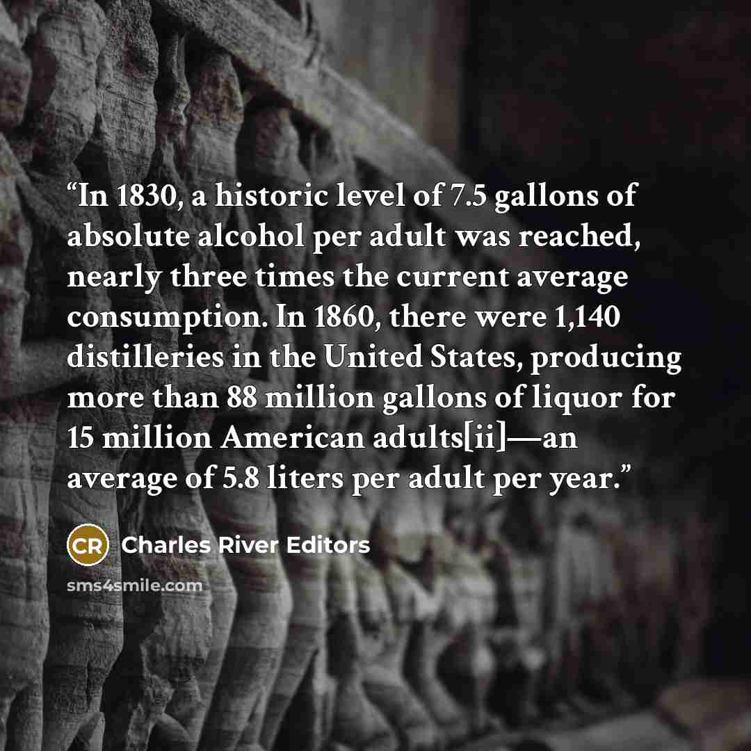 “In 1830, a historic level of 7.5 gallons of absolute alcohol per adult was reached, nearly three times the current average consumption. In 1860, there were 1,140 distilleries in the United States, producing more than 88 million gallons of liquor for 15 million American adults[ii]—an average of 5.8…” quote by Charles River Editors