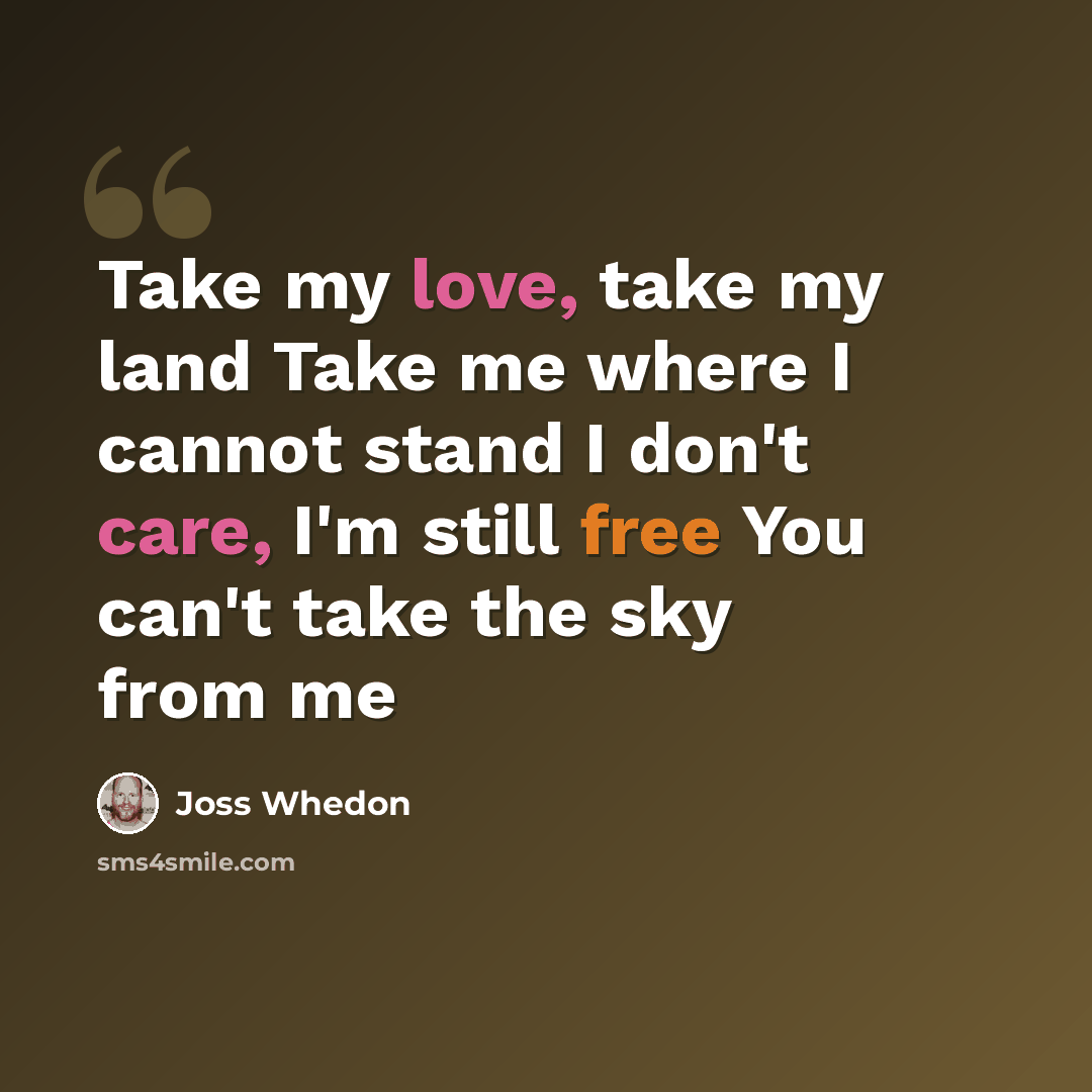 “Take my love, take my land Take me where I cannot stand I don't care, I'm still free You can't take the sky from me” quote by Joss Whedon