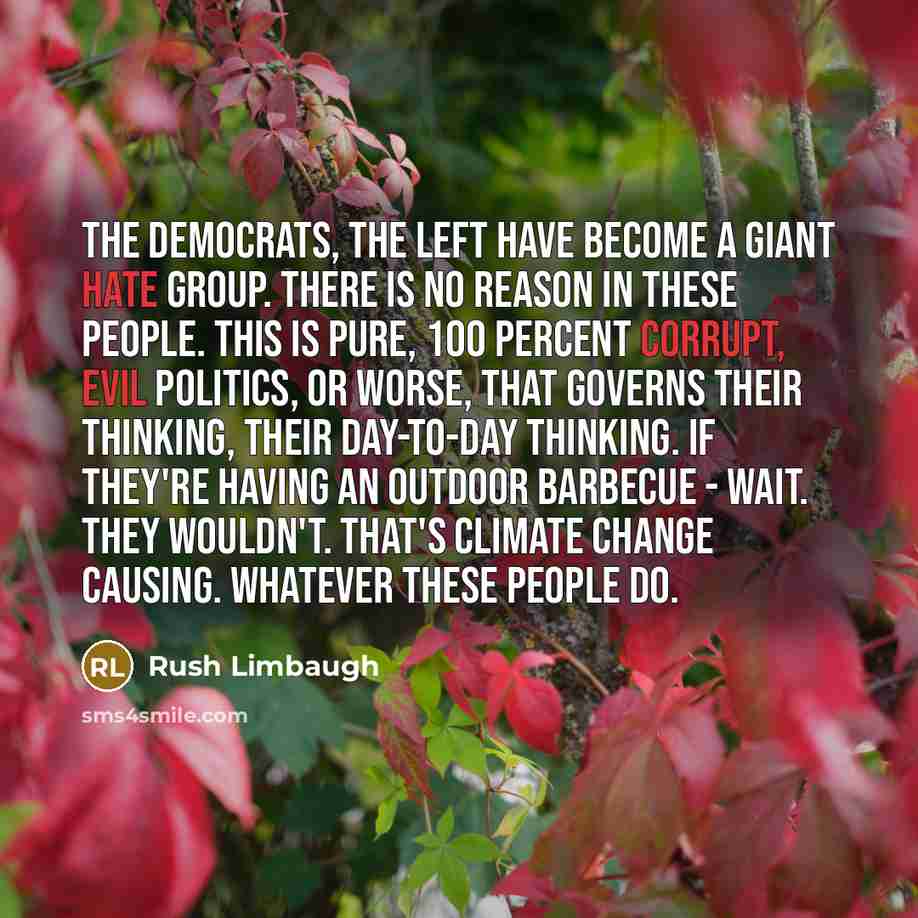 “The Democrats, the left have become a giant hate group. There is no reason in these people. This is pure, 100 percent corrupt, evil politics, or worse, that governs their thinking, their day-to-day thinking. If they're having an outdoor barbecue - wait. They wouldn't. That's climate change…” quote by Rush Limbaugh