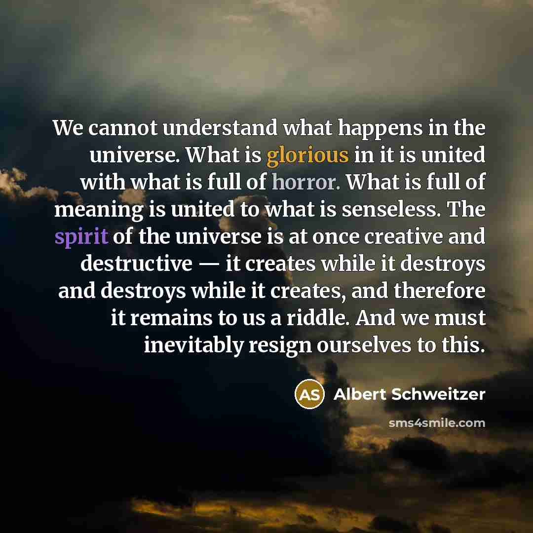 “We cannot understand what happens in the universe. What is glorious in it is united with what is full of horror. What is full of meaning is united to what is senseless. The spirit of the universe is at once creative and destructive — it creates while it destroys and destroys while it creates, and…” quote by Albert Schweitzer