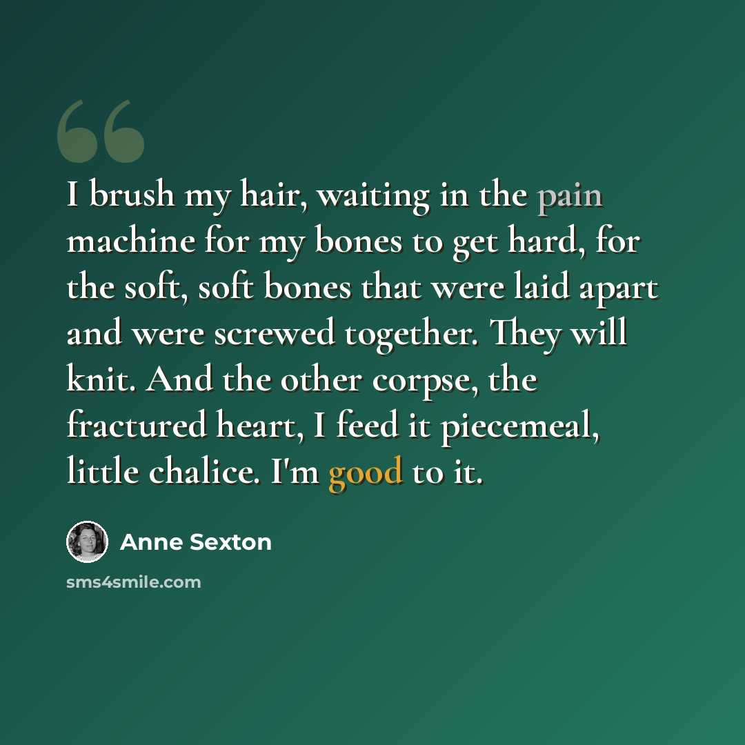 “I brush my hair, waiting in the pain machine for my bones to get hard, for the soft, soft bones that were laid apart and were screwed together. They will knit. And the other corpse, the fractured heart, I feed it piecemeal, little chalice. I'm good to it.” quote by Anne Sexton