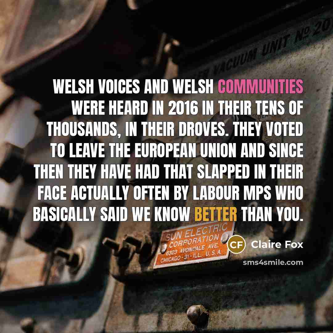 “Welsh voices and Welsh communities were heard in 2016 in their tens of thousands, in their droves. They voted to leave the European Union and since then they have had that slapped in their face actually often by Labour MPs who basically said we know better than you.” quote by Claire Fox