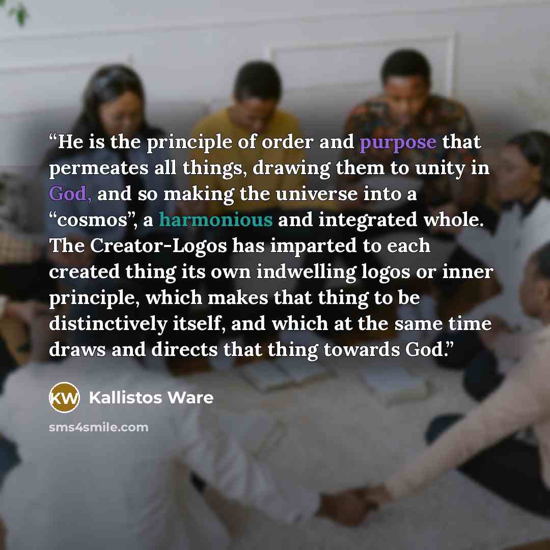 “He is the principle of order and purpose that permeates all things, drawing them to unity in God, and so making the universe into a “cosmos”, a harmonious and integrated whole. The Creator-Logos has imparted to each created thing its own indwelling logos or inner principle, which makes that thing…” quote by Kallistos Ware