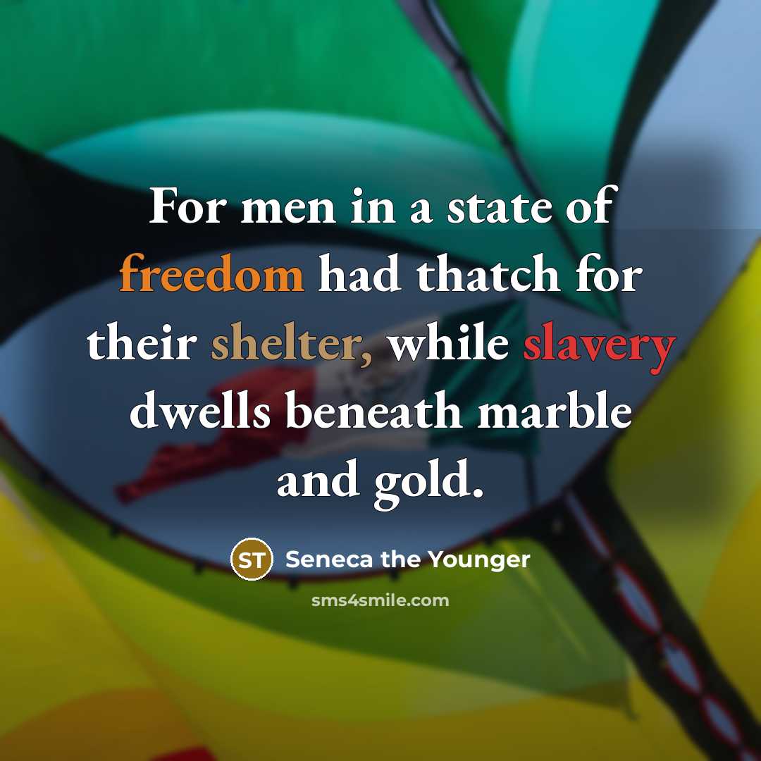 “For men in a state of freedom had thatch for their shelter, while slavery dwells beneath marble and gold.” quote by Seneca the Younger