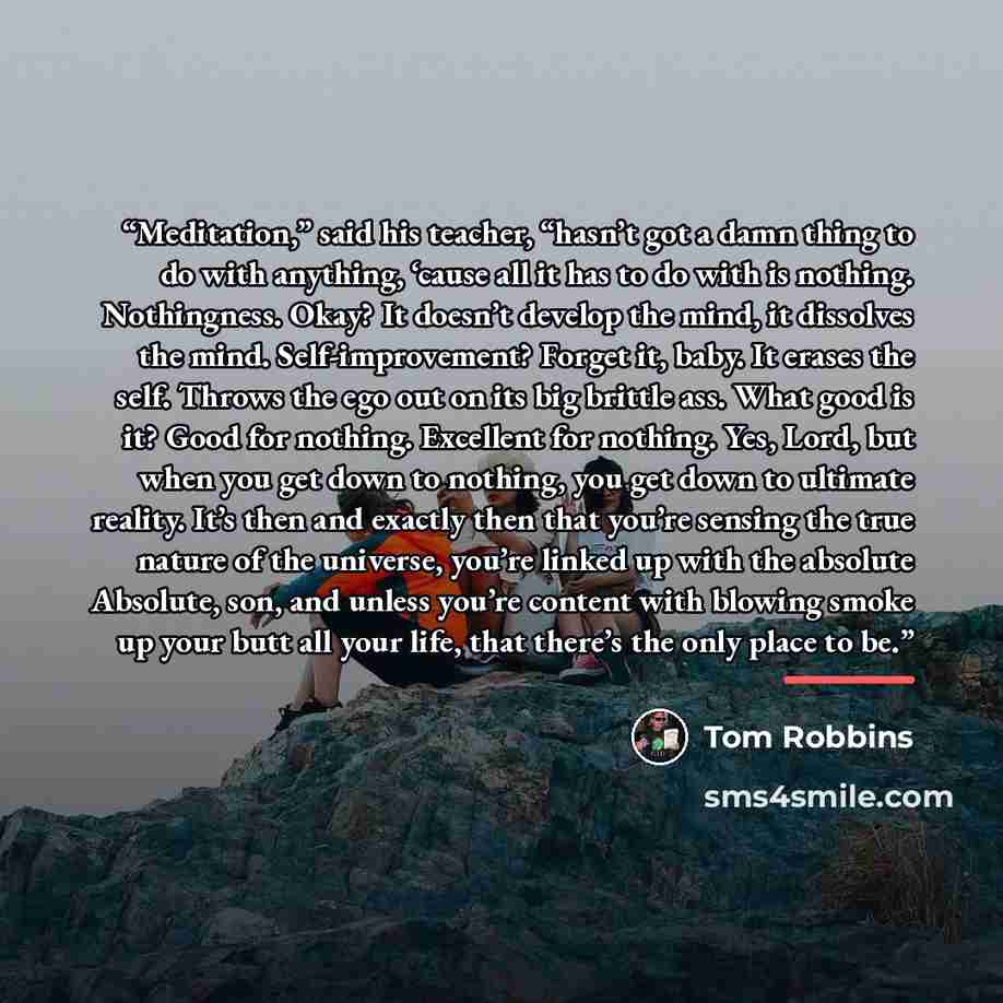 “Meditation,” said his teacher, “hasn’t got a damn thing to do with anything, ‘cause all it has to do with is nothing. Nothingness. Okay? It doesn’t develop the mind, it dissolves the mind. Self-improvement? Forget it, baby. It erases the self. Throws the ego out on its big brittle ass. What good…” quote by Tom Robbins