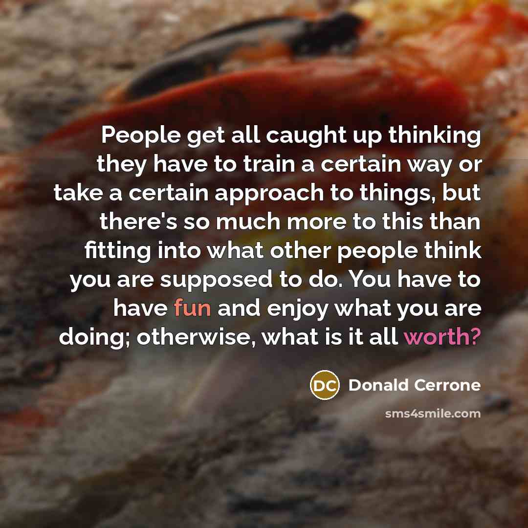 “People get all caught up thinking they have to train a certain way or take a certain approach to things, but there's so much more to this than fitting into what other people think you are supposed to do. You have to have fun and enjoy what you are doing; otherwise, what is it all worth?” quote by Donald Cerrone